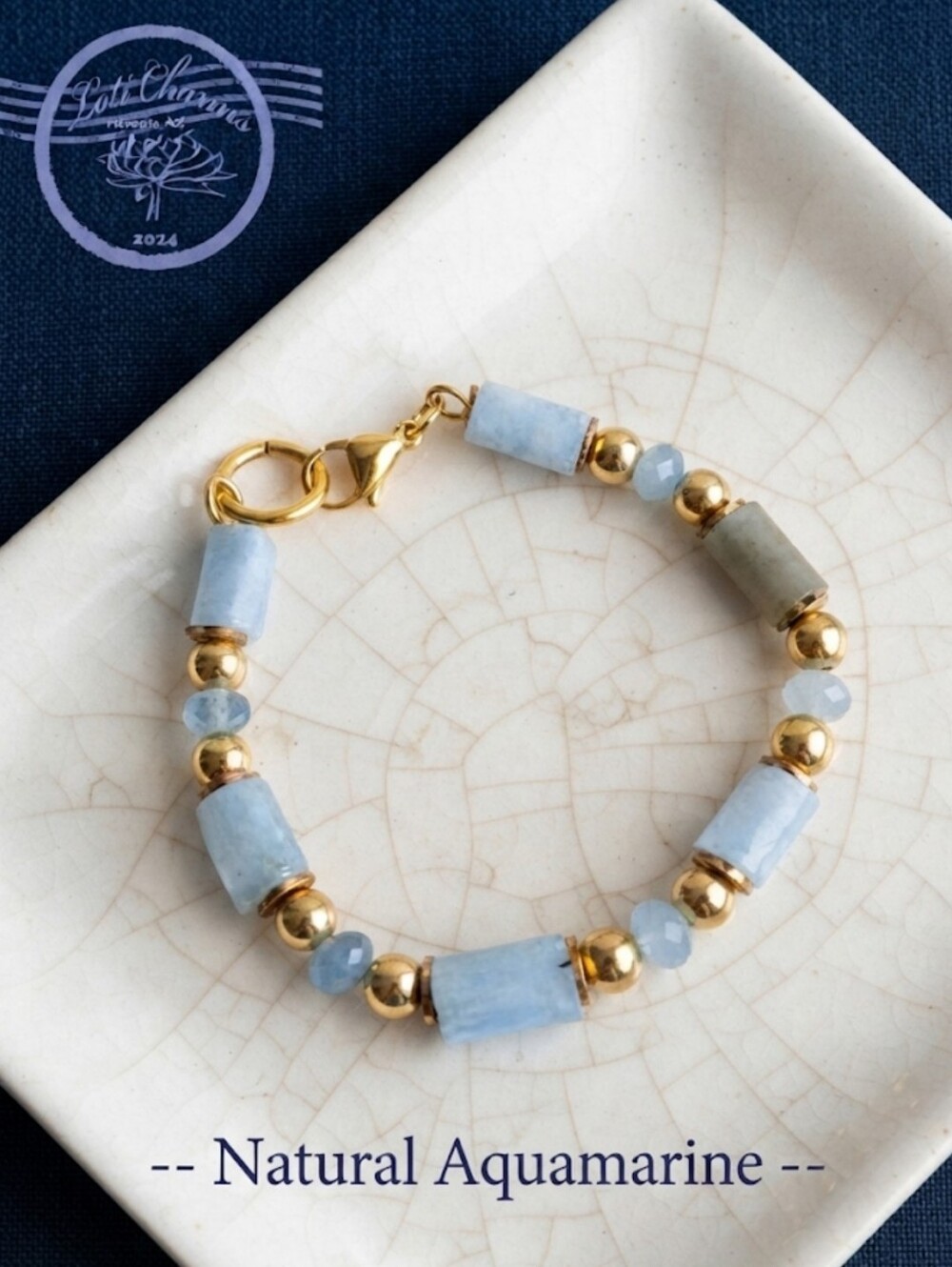 Natural Blue Aquamarine In Beaded Gold Bracelet
